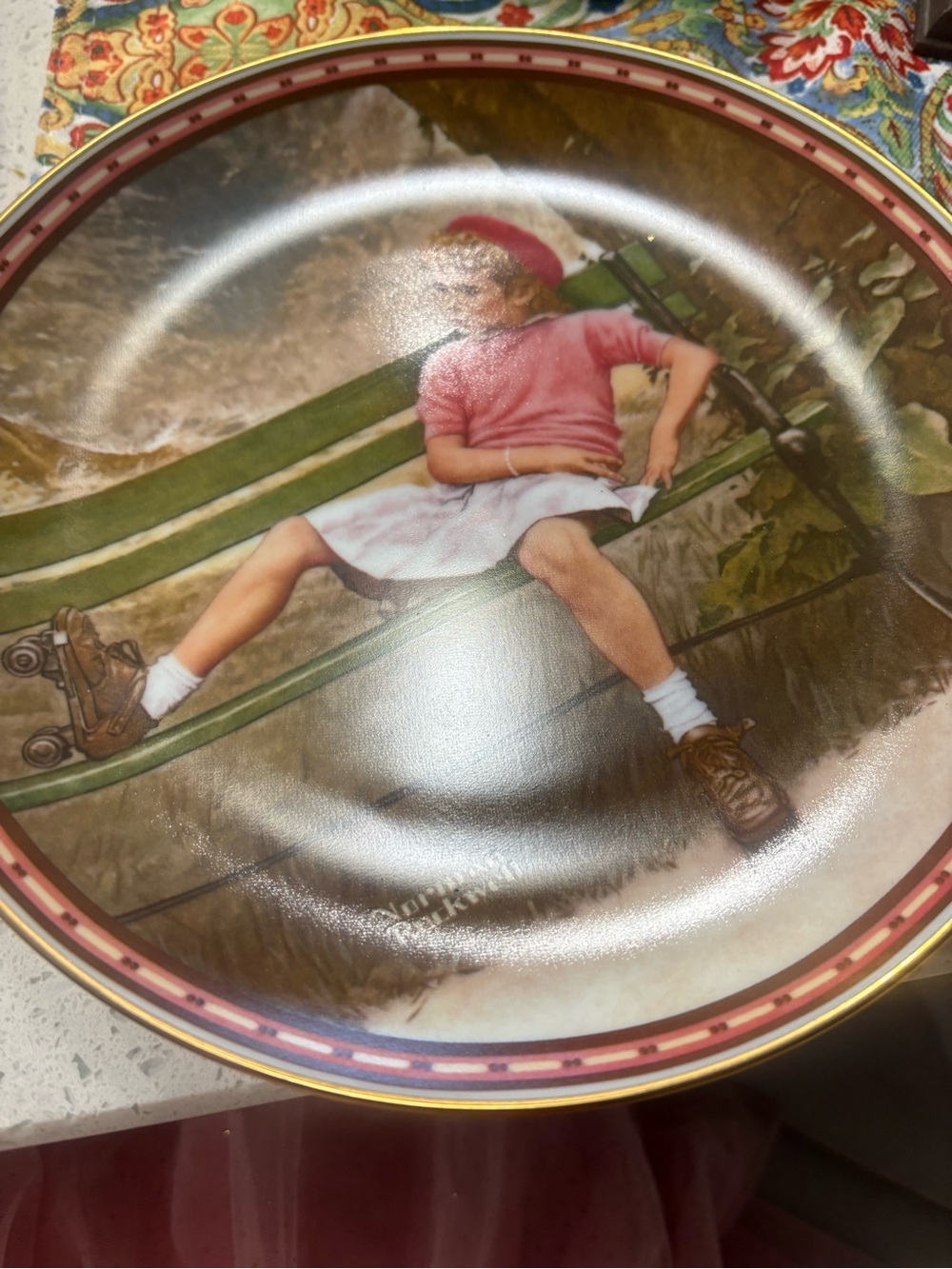 Decorative Vintage-Style Plate with Girl on Park Bench - Pink Outfit